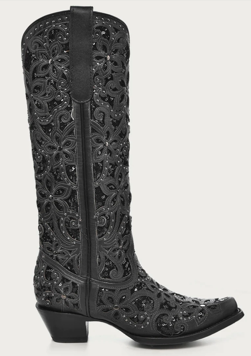 Corral Ladies Black Inlay Snip Toe  Boot Style A3589 Reinforced Form Nature Lover Low Rise