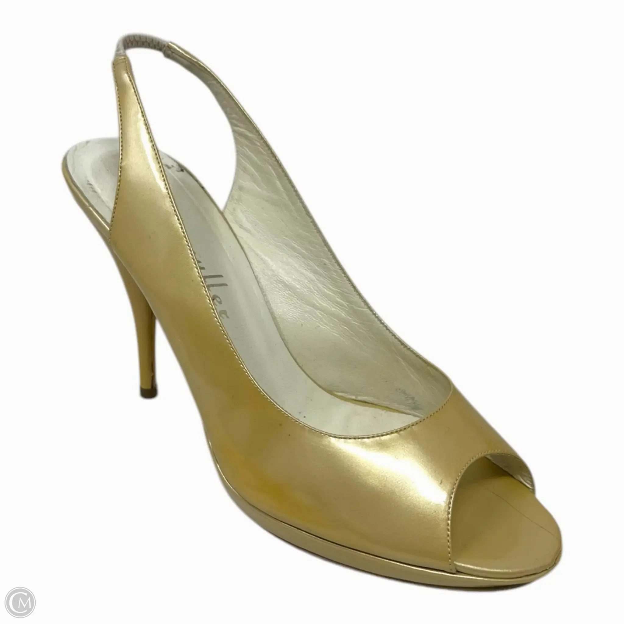 synthetic material Black Leather Stilettos Slingback Stiletto Peep Toe Pumps By Bettye Muller In Metallic Gold Patent Leather, Size: US 9/ IT 39