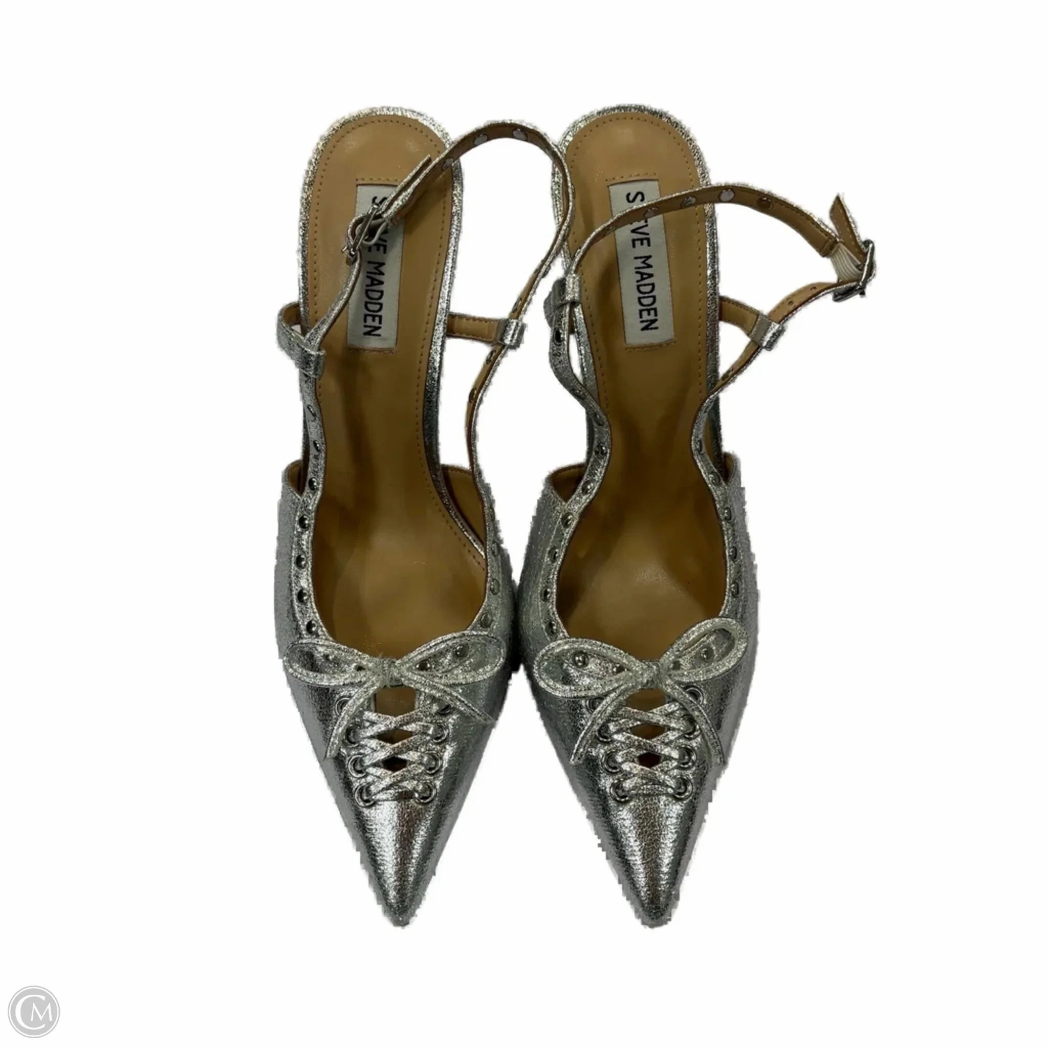 Open Back Heels Matte Finish Shoes Heels Stiletto By Steve Madden In Silver, Size: 8.5