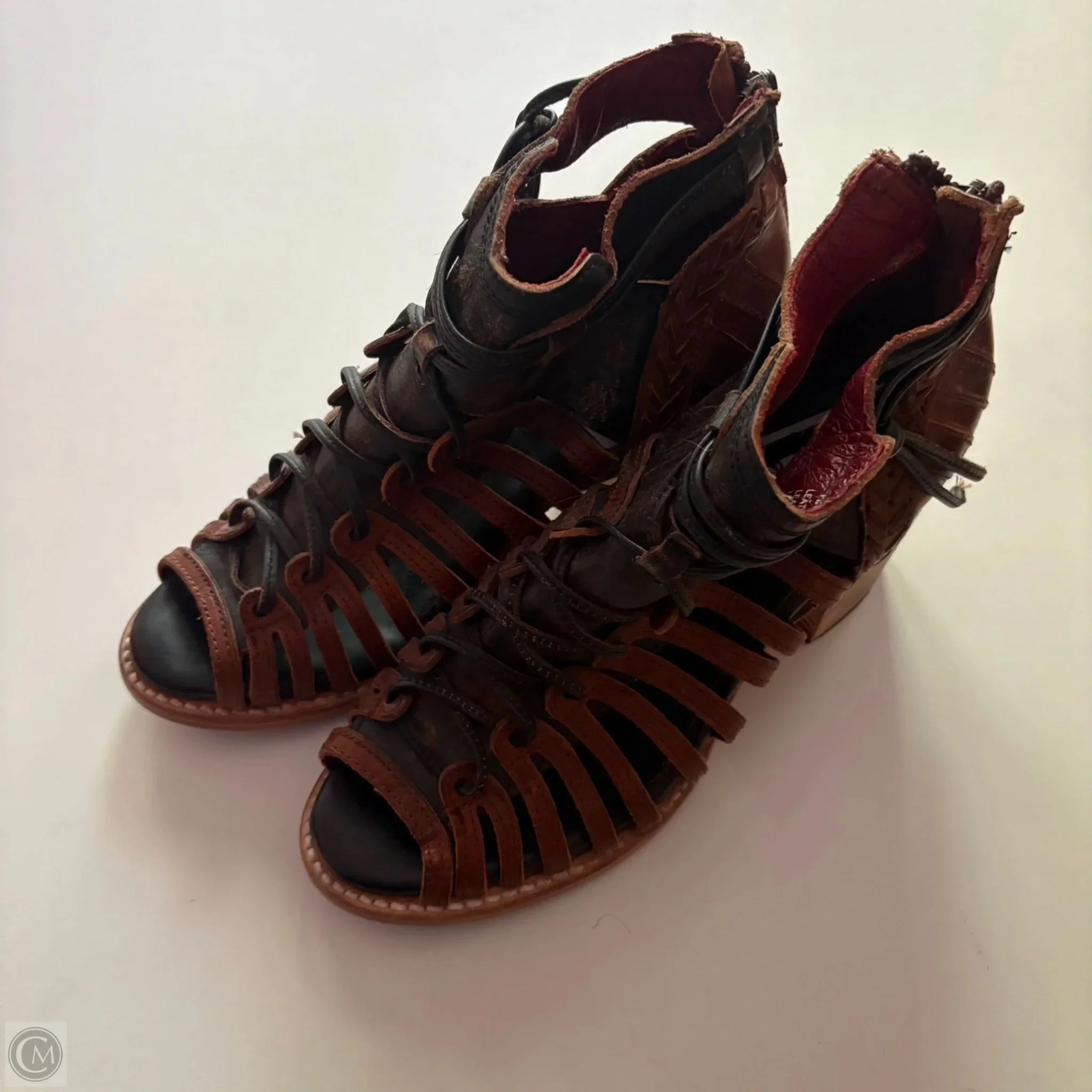 Comfortable Padding Leather Upper Shoes Heels Block By Freebird In Brown, Size: 8