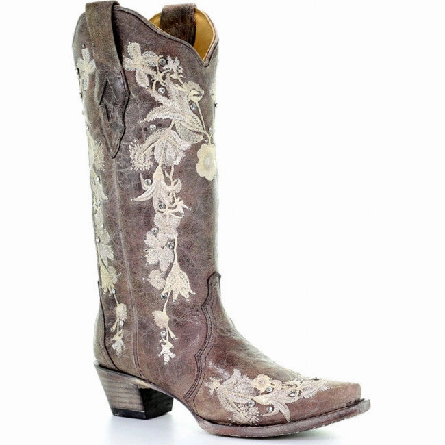Corral Womens Flower Embroidery Tobacco Western Boots Style A3572 Nature Ready