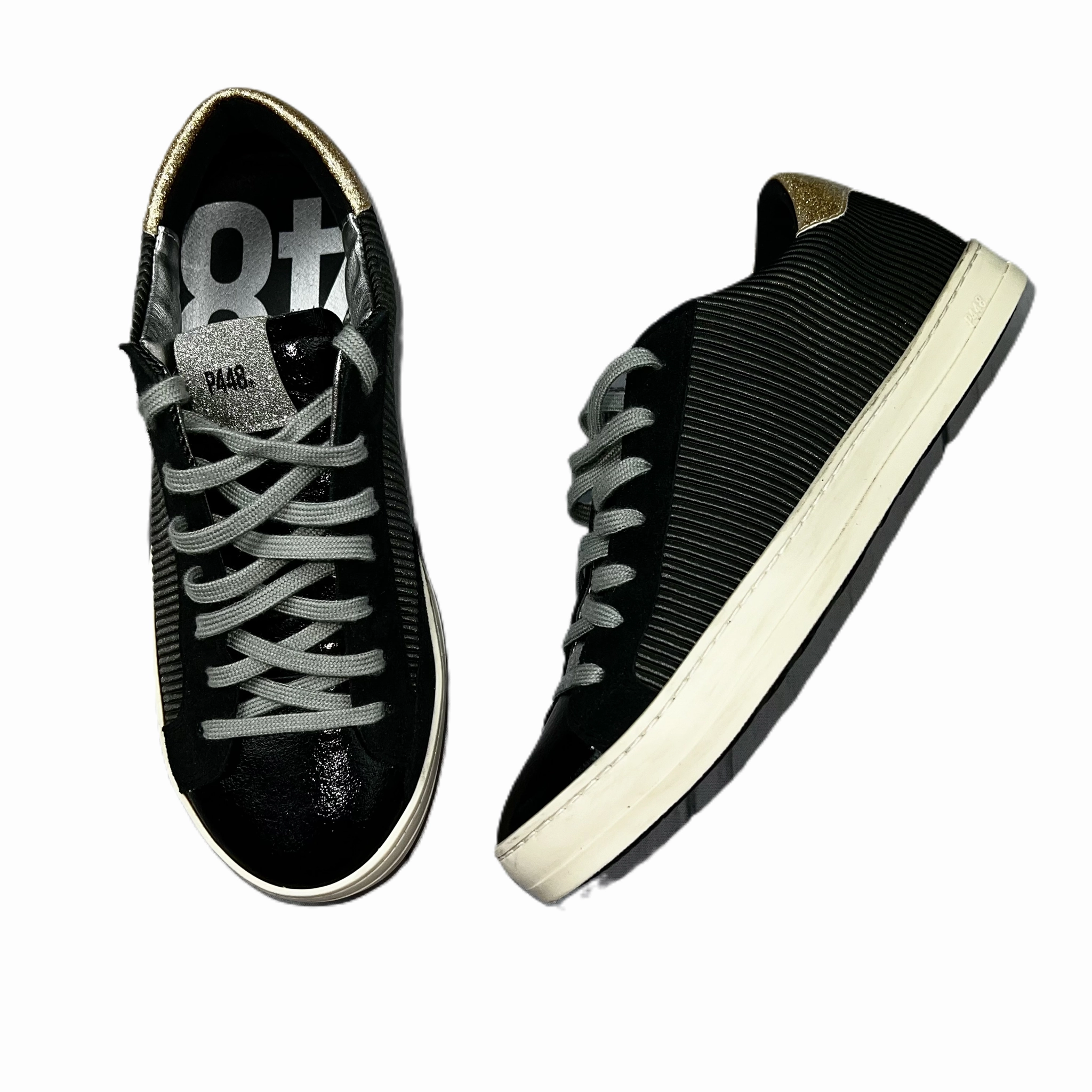 Black & Gold Shoes Sneakers By P448, Size: 6.5 Elastic Lacing System