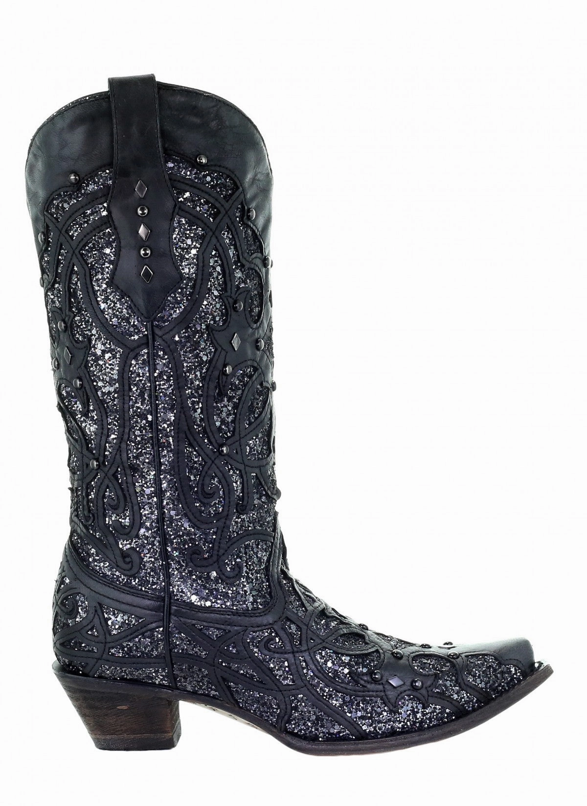 Walking Comfort Lining Winter Walker Corral Black Glitter Inlay and Studs Snip Toe Style C3423