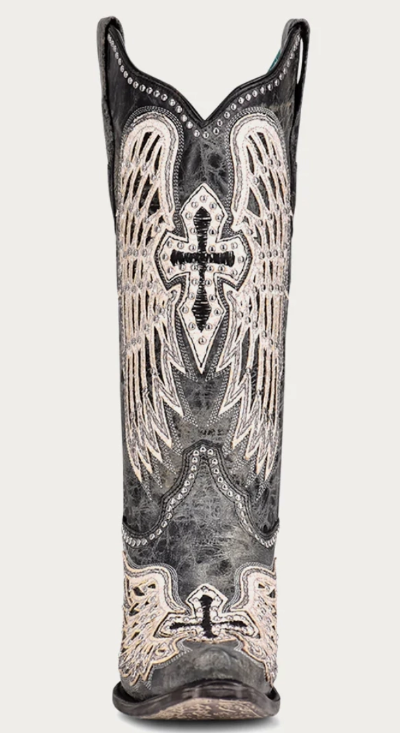 Corral Ladies Black Cross and Wings Overlay Boots Style A4232 Anti Odor All Day Worker