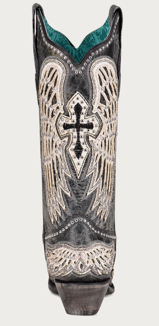 Corral Ladies Black Cross and Wings Overlay Boots Style A4232 Anti Odor Rural Traveler Subtle design