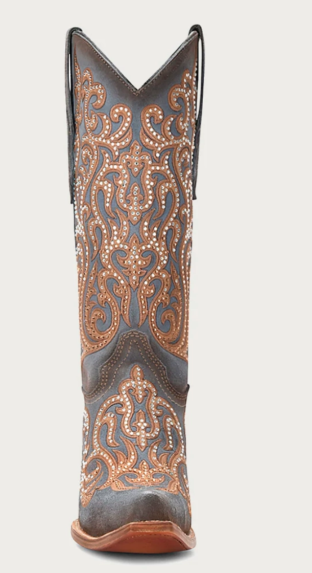 Low Profile Snowy Path Corral Ladies Blue Overlay and Crystals Boots Style C4124