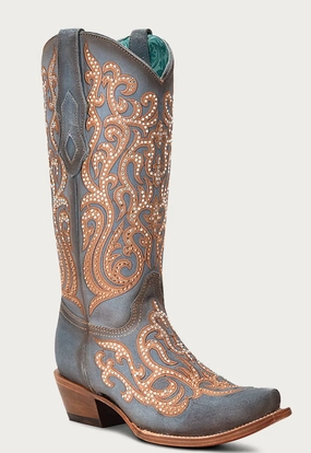 Business Meeting Corral Ladies Blue Overlay and Crystals Boots Style C4124