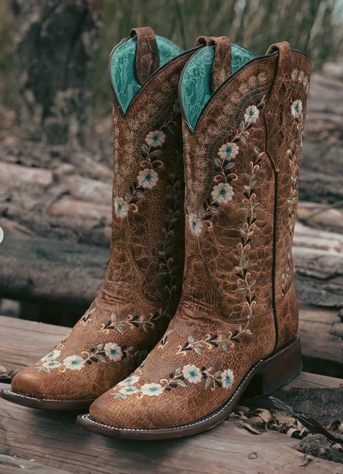 CORRAL LADIES FLORAL EMBROIDERY SQUARE TOE GLOW IN THE DARK BOOTS STYLE A4398 Outdoor Utility