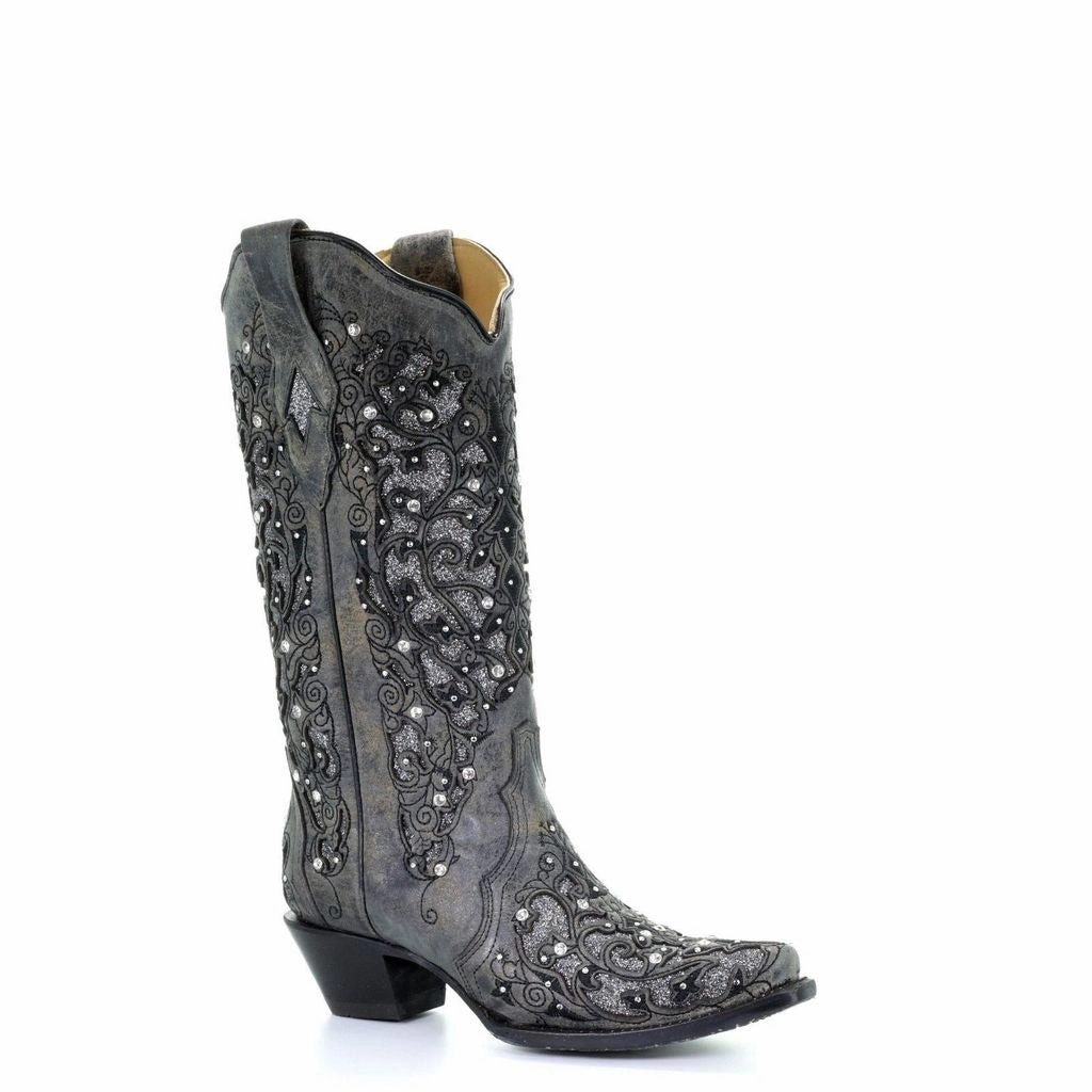 Corral Ladies Grey Glitter Inlay/Crystals Sniped Toe Boot Style A3672 Casual Walk Soft Padding