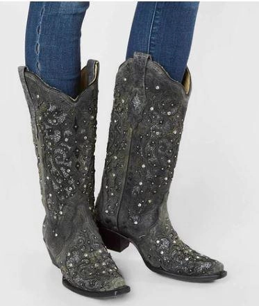 Protective Finish All Day Wear Corral Ladies Grey Glitter Inlay/Crystals Sniped Toe Boot Style A3672
