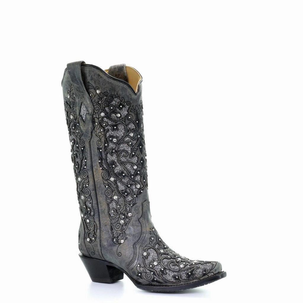 Low Profile Rough Terrain Corral Ladies Grey Glitter Inlay/Crystals Sniped Toe Boot Style A3672