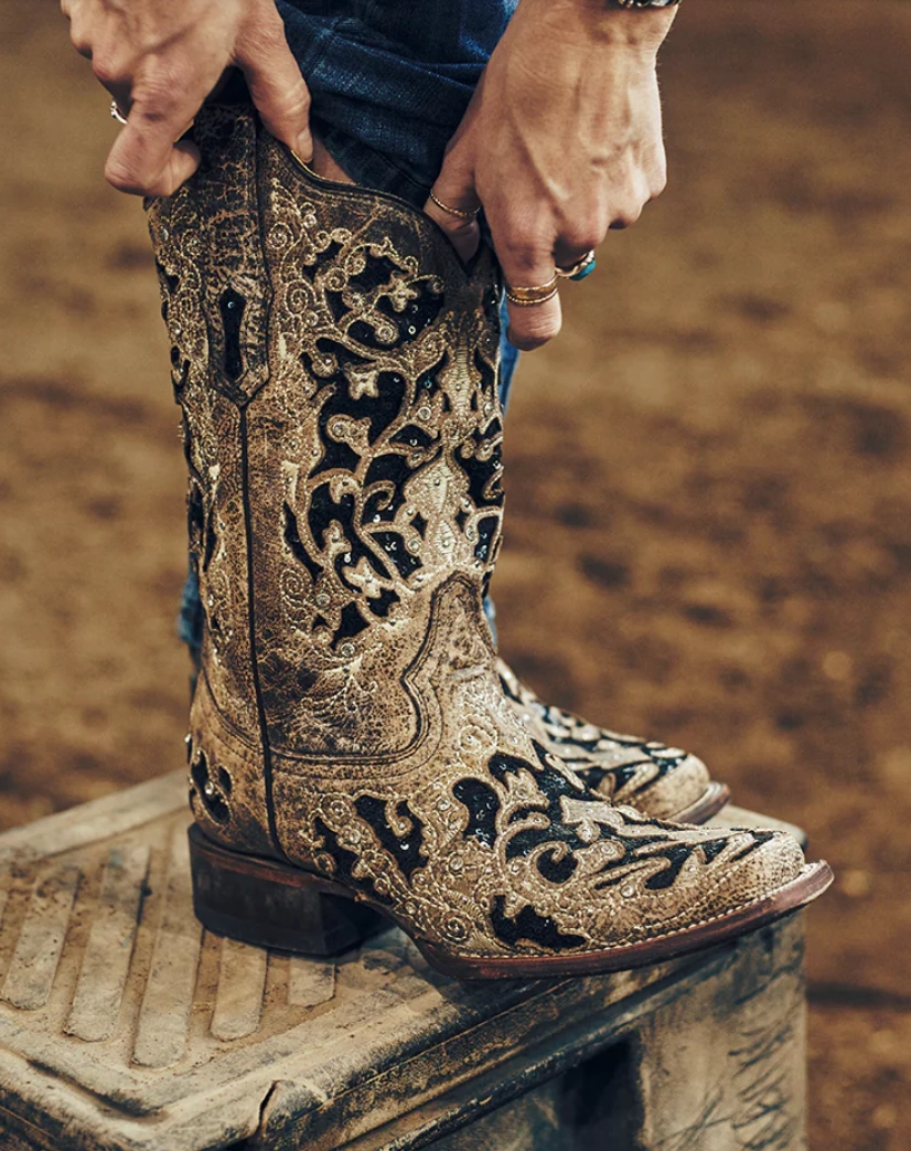 Trail grip CORRAL LADIES INLAY AND FLOWERED EMBROIDERY SQUARE TOE BOOTS STYLE A3648