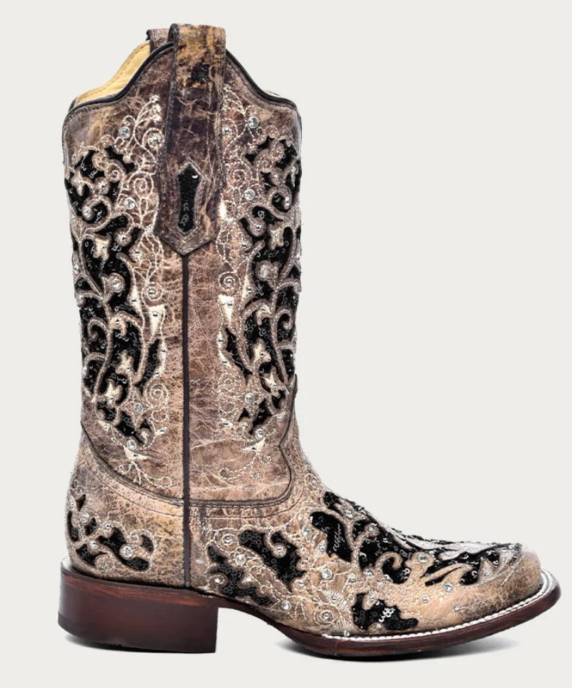 CORRAL LADIES INLAY AND FLOWERED EMBROIDERY SQUARE TOE BOOTS STYLE A3648 Cold Ready