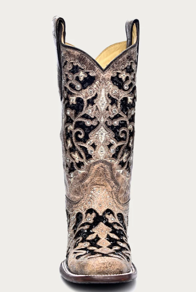 Trail Use work mode CORRAL LADIES INLAY AND FLOWERED EMBROIDERY SQUARE TOE BOOTS STYLE A3648