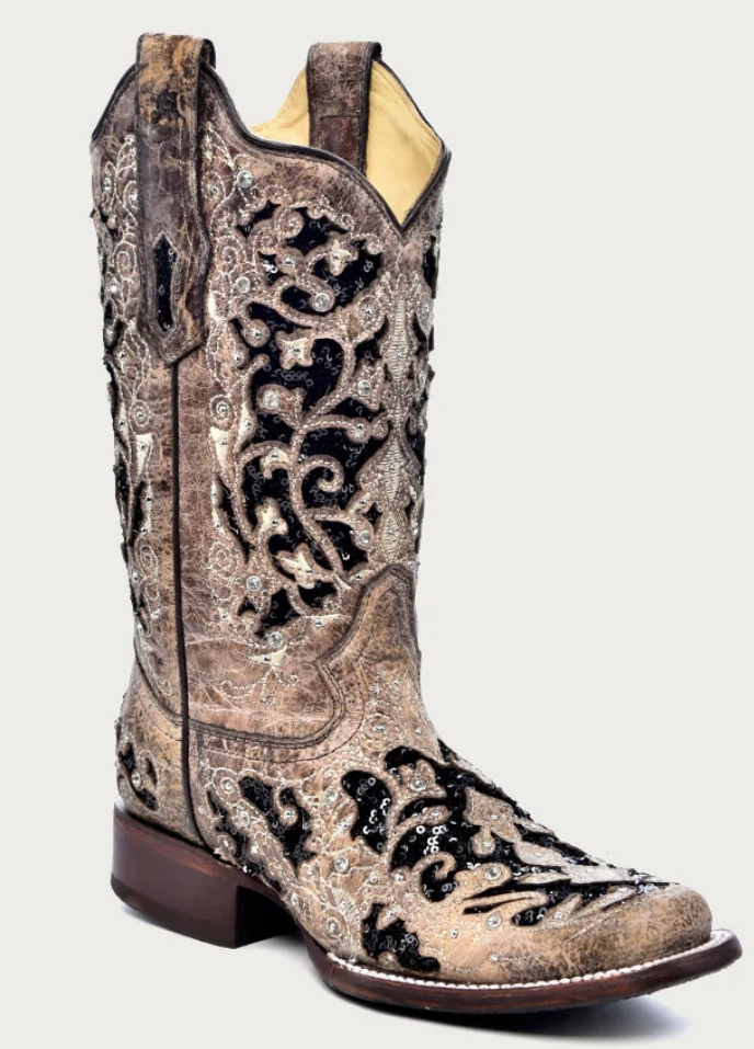 Trendy Footwear CORRAL LADIES INLAY AND FLOWERED EMBROIDERY SQUARE TOE BOOTS STYLE A3648