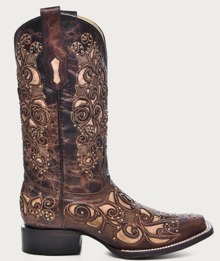 Good Grip Ready For Adventure CORRAL LADIES INLAY AND STUDS SQUARE TOE BOOTS STYLE A3326