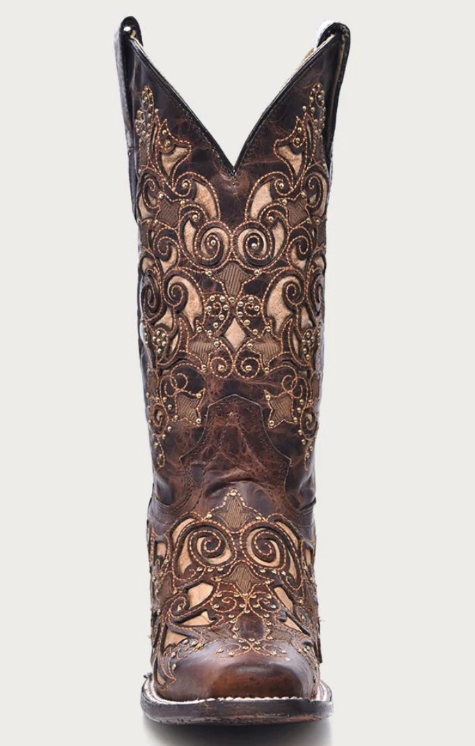 Fashion Show Rugged Built Snowy Path CORRAL LADIES INLAY AND STUDS SQUARE TOE BOOTS STYLE A3326