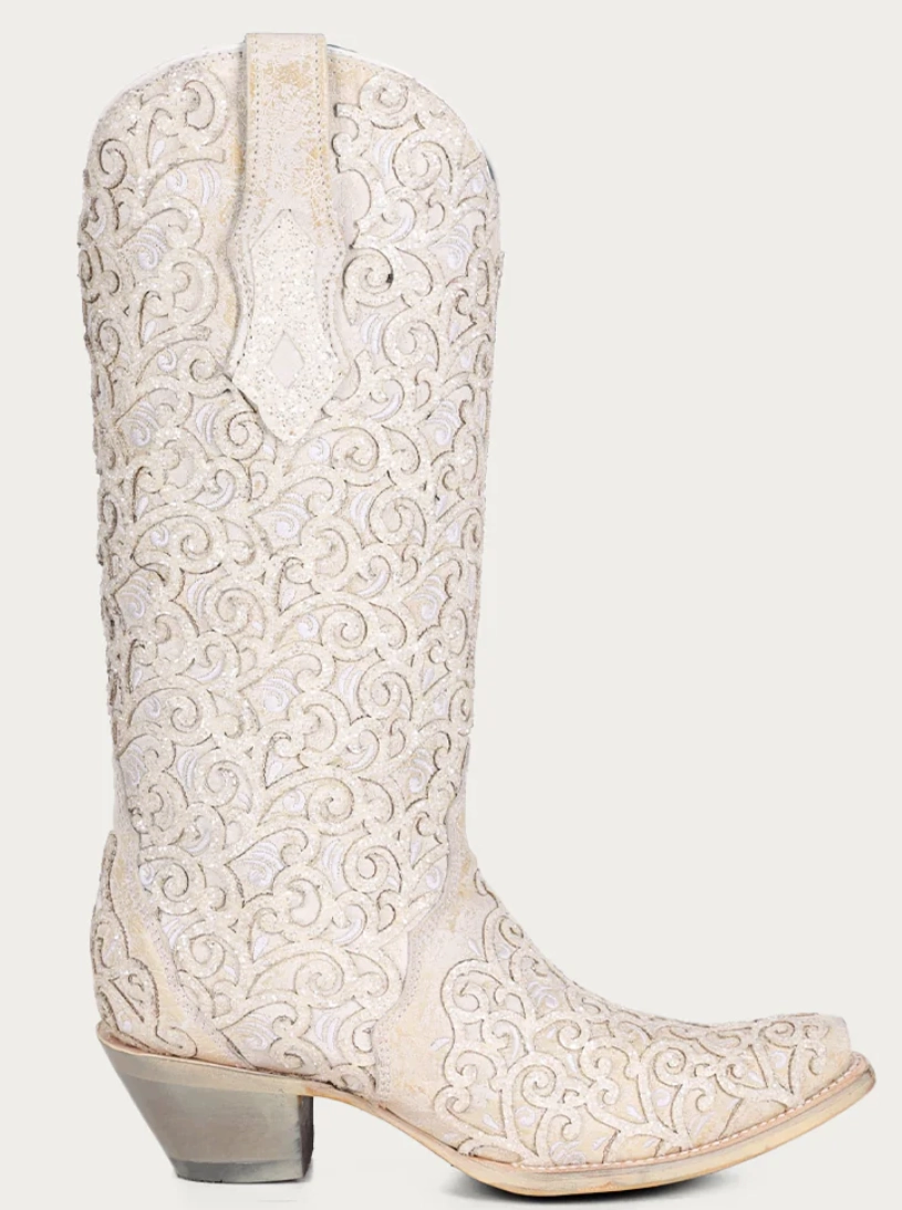 Long Walks Corral Ladies White Glitter Inlay Boots Style C4050