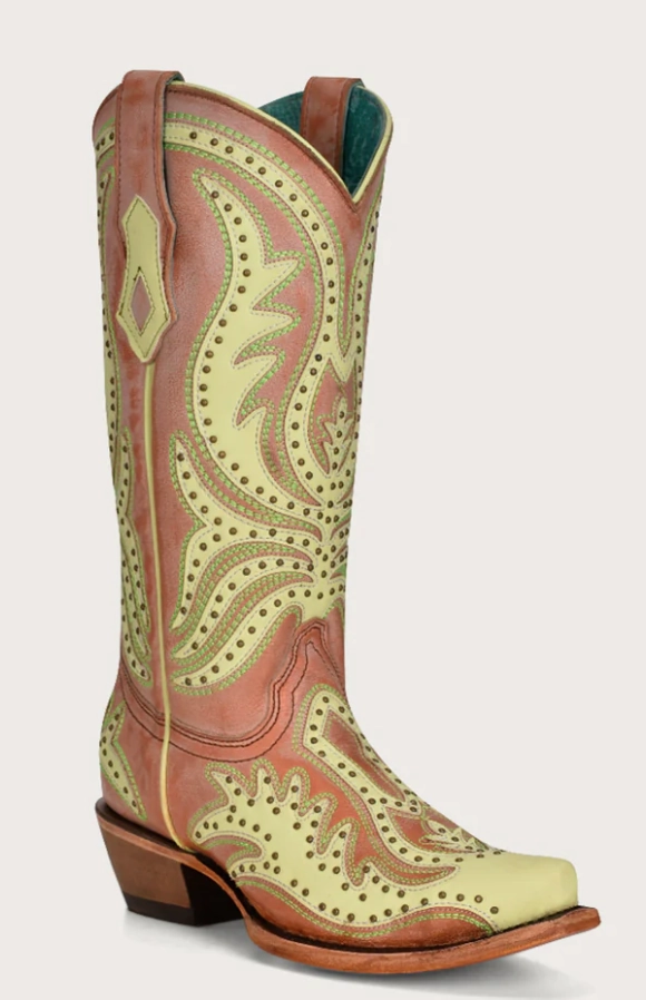 CORRAL LIME GREEN OVERLAY SNIP TOE BOOTS STYLE C3971 Pull on work mode