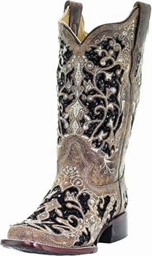 Feather Light River Crossing CORRAL WOMENS BLACK SEQUIN INLAY SQUARE TOE WESTERN BOOTS STYLE A3648