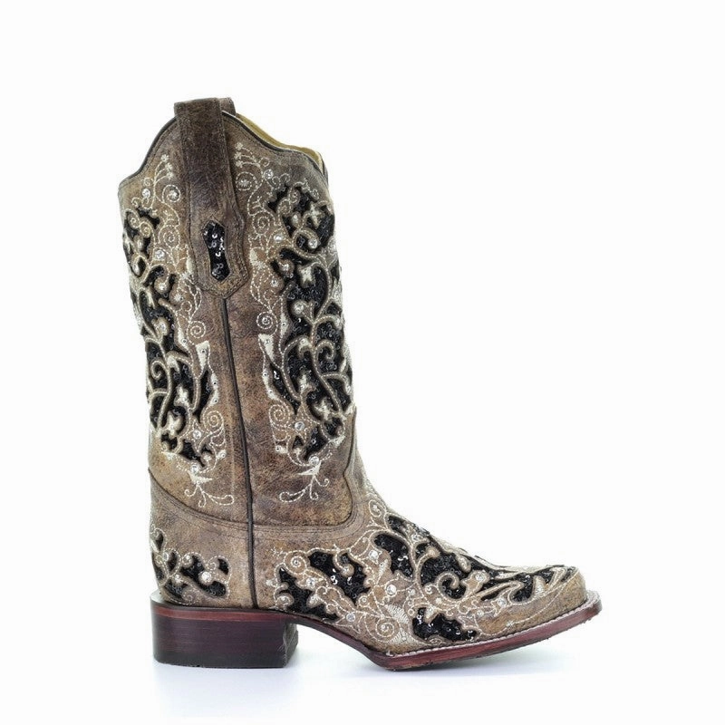 NYC Street CORRAL WOMENS BLACK SEQUIN INLAY SQUARE TOE WESTERN BOOTS STYLE A3648