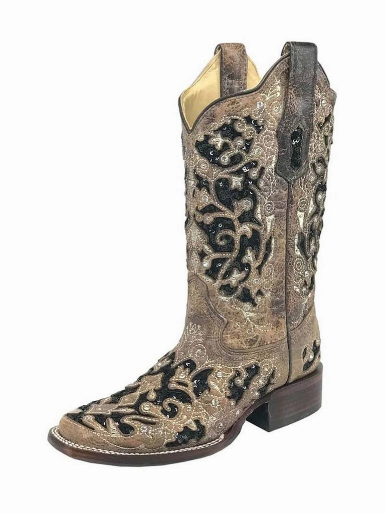 CORRAL WOMENS BLACK SEQUIN INLAY SQUARE TOE WESTERN BOOTS STYLE A3648 Urban Commute