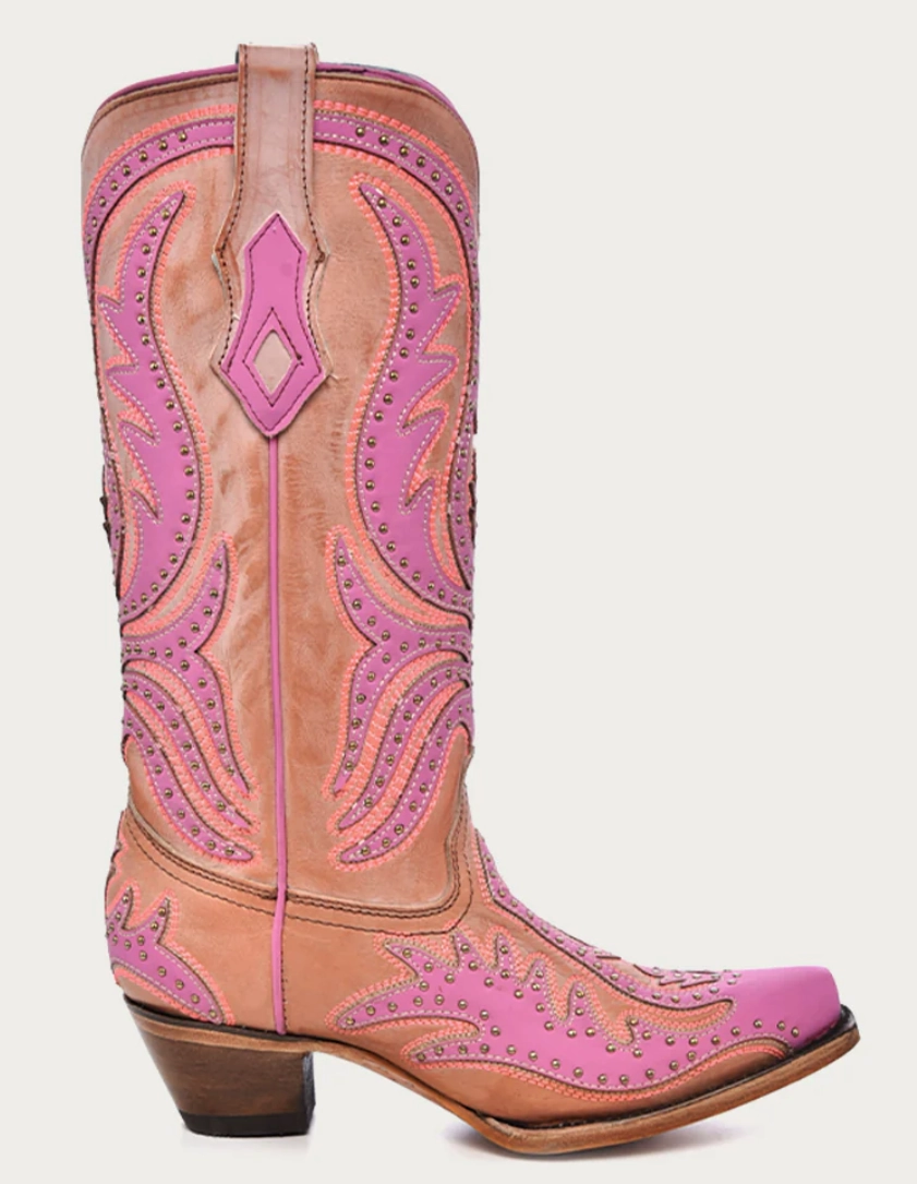 Zip Fast Rugged Built Outdoor Trek CORRAL LADIES PINK OVERLAY SNIP TOE GLOW IN THE DARK BOOTS STYLE C3970