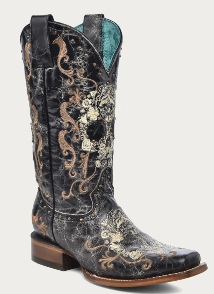 Corral Ladies Black Floral Skull Boots Style Z5005 zipper