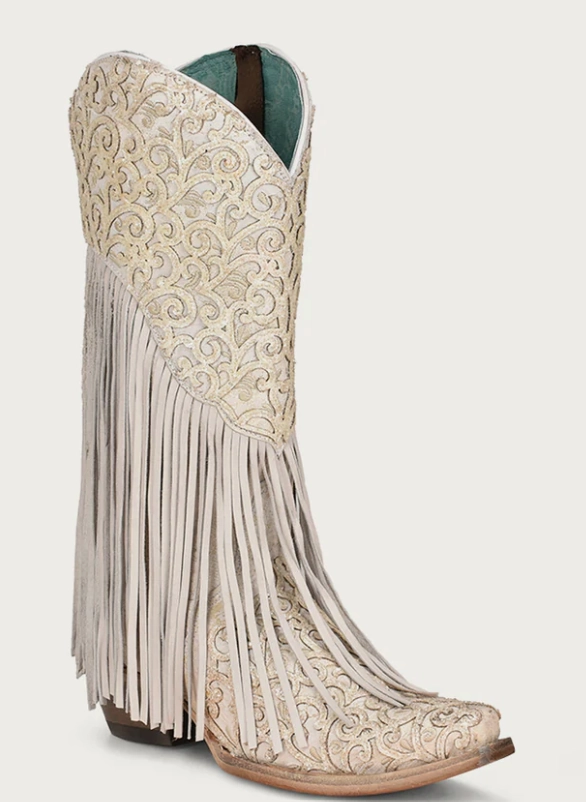 CORRAL LADIES WHITE FRINGE SNIP TOE BOOTS STYLE C3955 Protective Sole