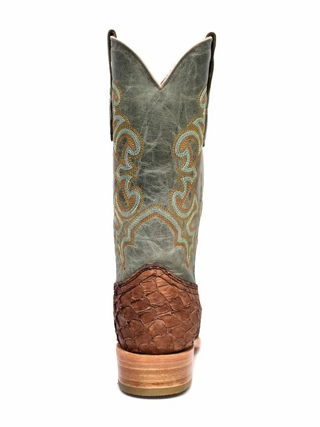 Mens Brown Turquoise Fish Embroidery Sq. Toe High Heel Weather resistant