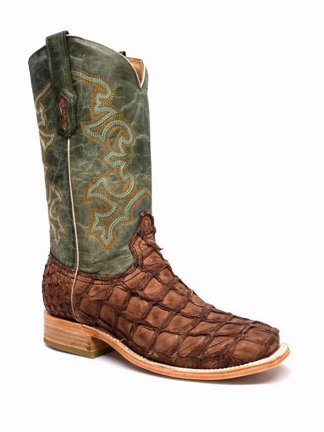 Mens Brown Turquoise Fish Embroidery Sq. Toe Western Ride Slip Resistant City Walking