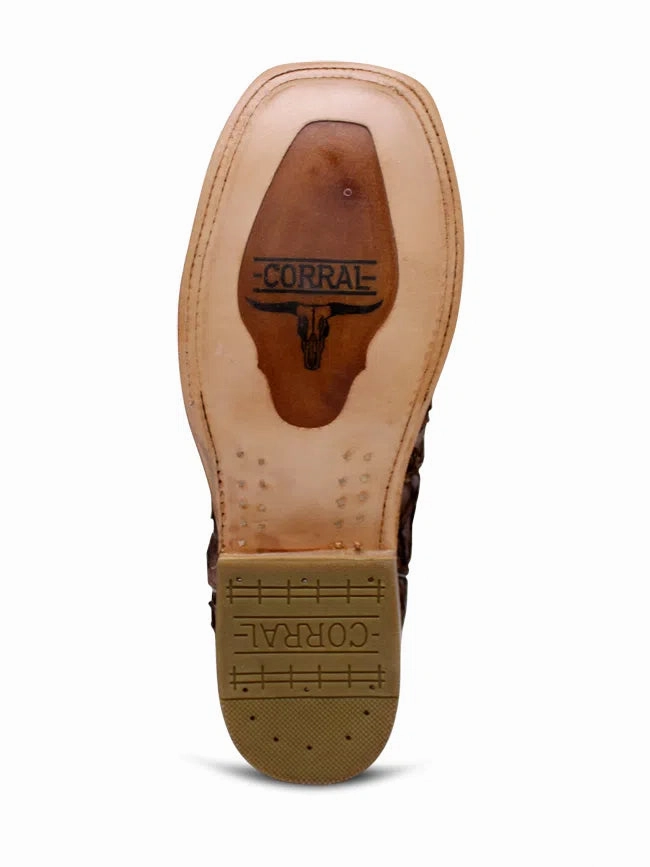 Mens Brown Turquoise Fish Embroidery Sq. Toe Breath Flow