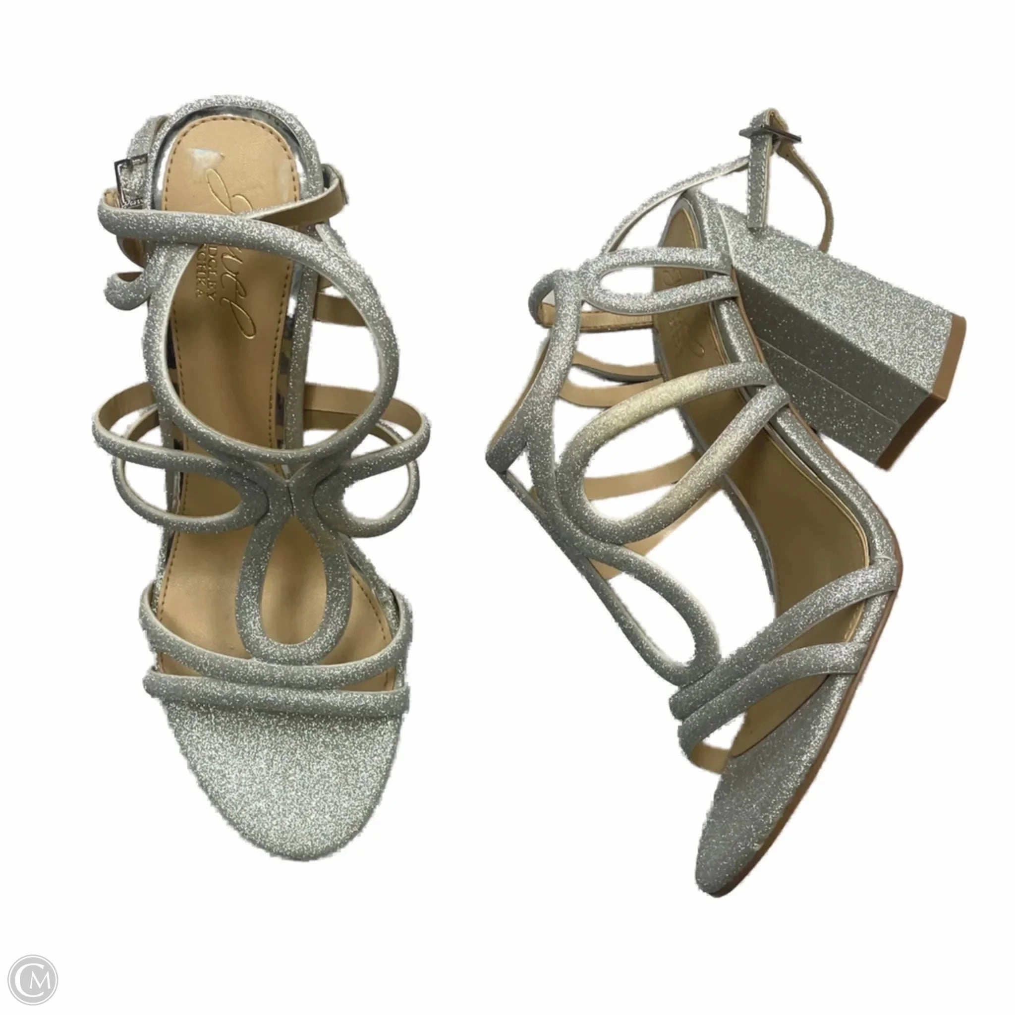 Long Lasting Shoes Heels Block By Badgley Mischka In Silver, Size: 8