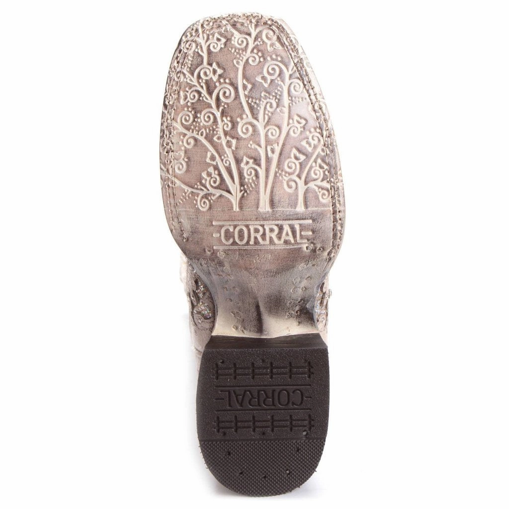 Punk Bold Corral White Glitter Inlay and Crystals Square Toe Style A3397