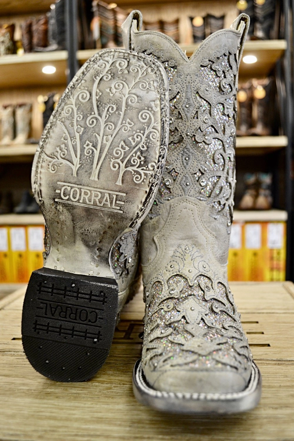 Corral White Glitter Inlay and Crystals Square Toe Style A3397 Waterproof Design High   Quality Leather