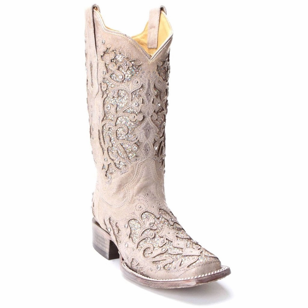 Corral White Glitter Inlay and Crystals Square Toe Style A3397 Non-Slip Sole