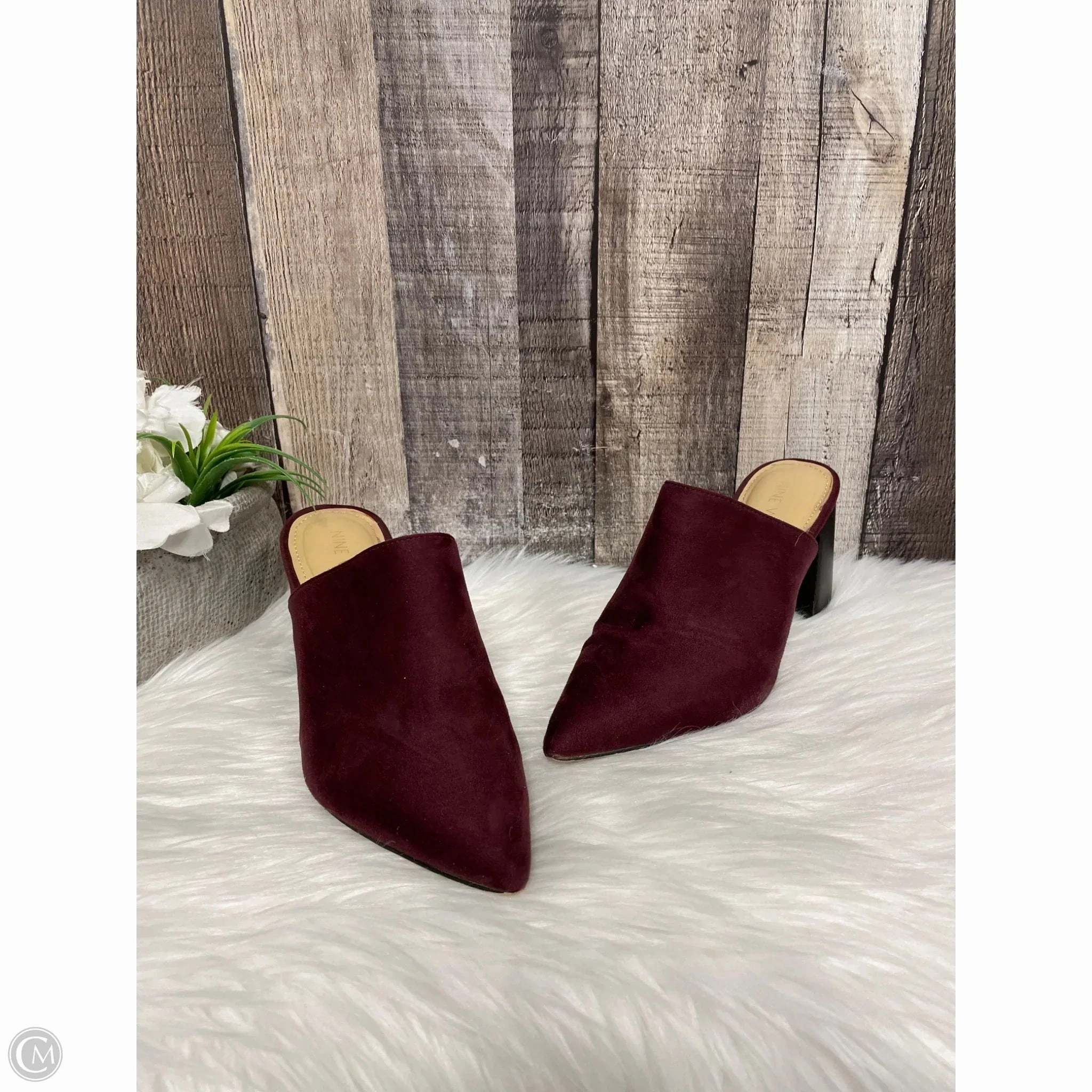 Medium Heel Open Toe Boots Shoes Heels Block By Nine West In Maroon, Size: 5.5