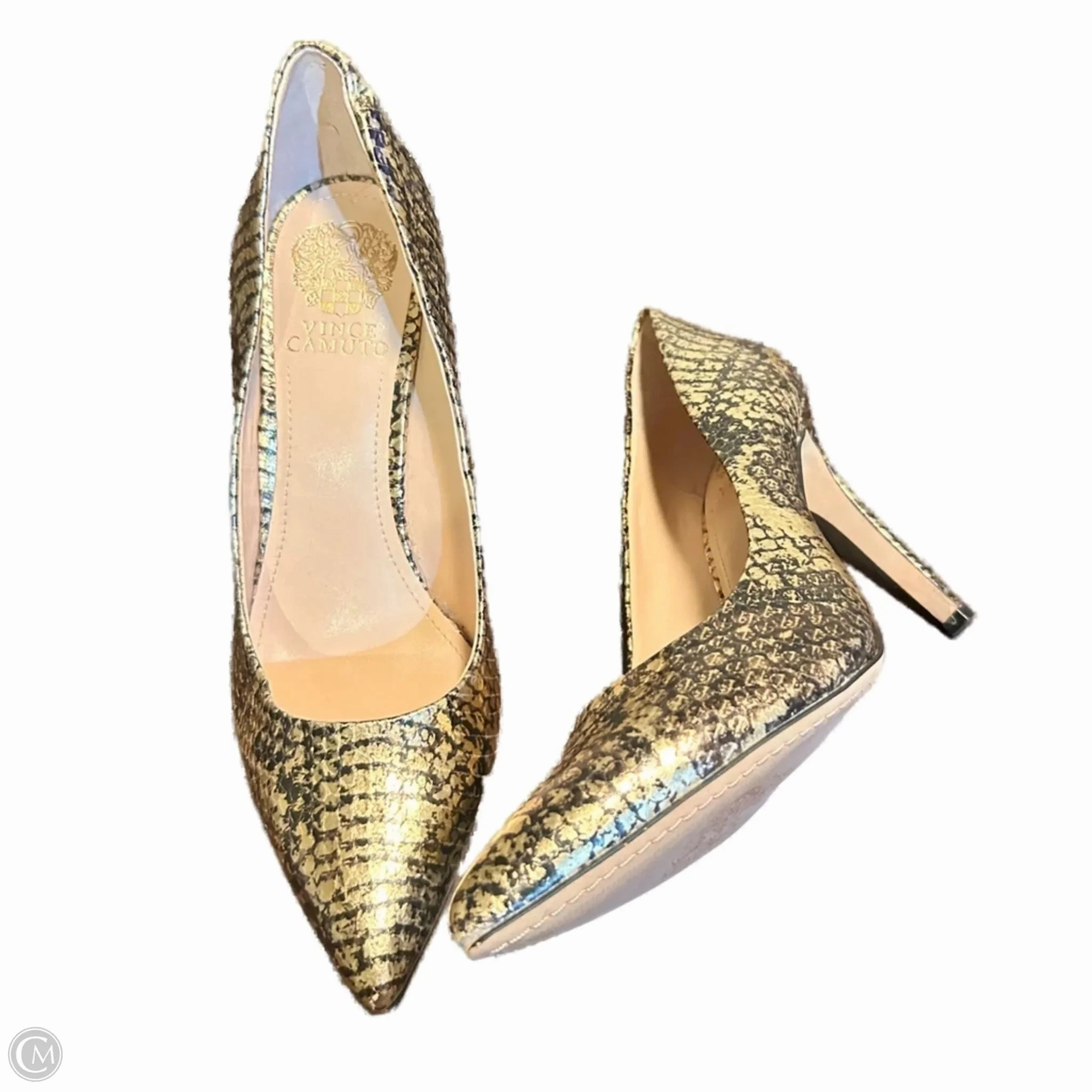 Shoes Heels Stiletto By Vince Camuto In Black & Gold, Size: 9.5 Fall Heels