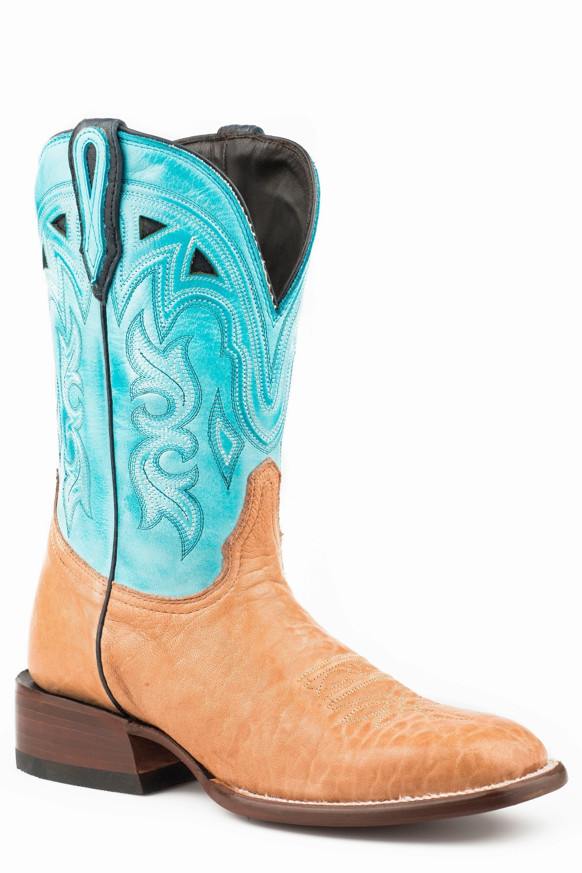 Multi Season Rugged Style STETSON WOMENS FLORENCE TAN CALF VAMP SKY BLUE COWBOY BOOT STYLE 12-021-1850-0151