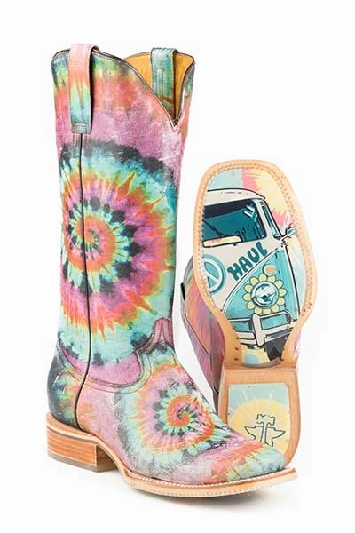 Tin Haul Womens Groovy with Tie Dye Camper Sole Cowgirl Boots Square Toe Style 14-021-0007-1275 Closed Toe Design Leather Upper