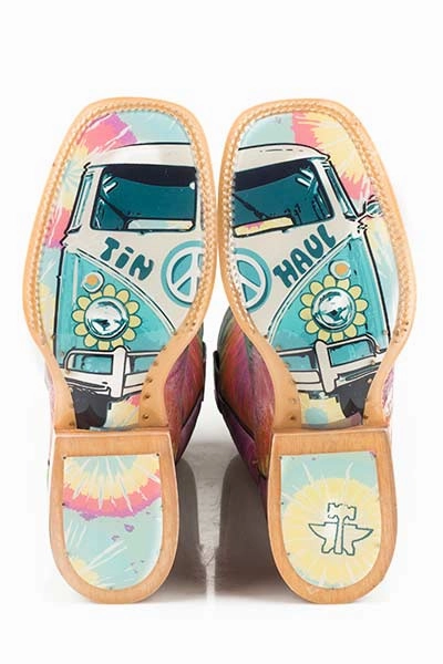 High Quality Tin Haul Womens Groovy with Tie Dye Camper Sole Cowgirl Boots Square Toe Style 14-021-0007-1275