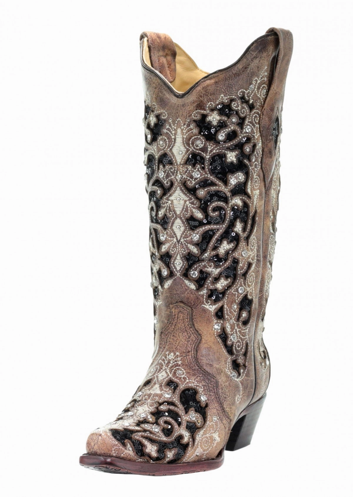 Corral Brown Black Inlay Floral Embroidery Studs and Crystals Style A3569 Rough Ready