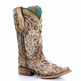 Suede Rugged Built Weather Resistant User Corral Ladies Bone & Multicolor Inlay & Studs Square Toe Boots Style C3405