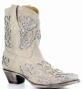On-the-Go Boot Travel-Ready Style Corral Ladies White Glitter Inlay and Crystals Ankle Boot Style A3550
