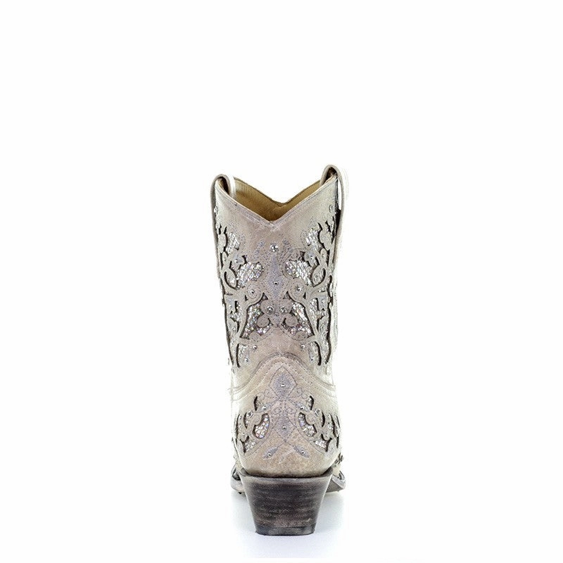 Corral Ladies White Glitter Inlay and Crystals Ankle Boot Style A3550 Season Chic