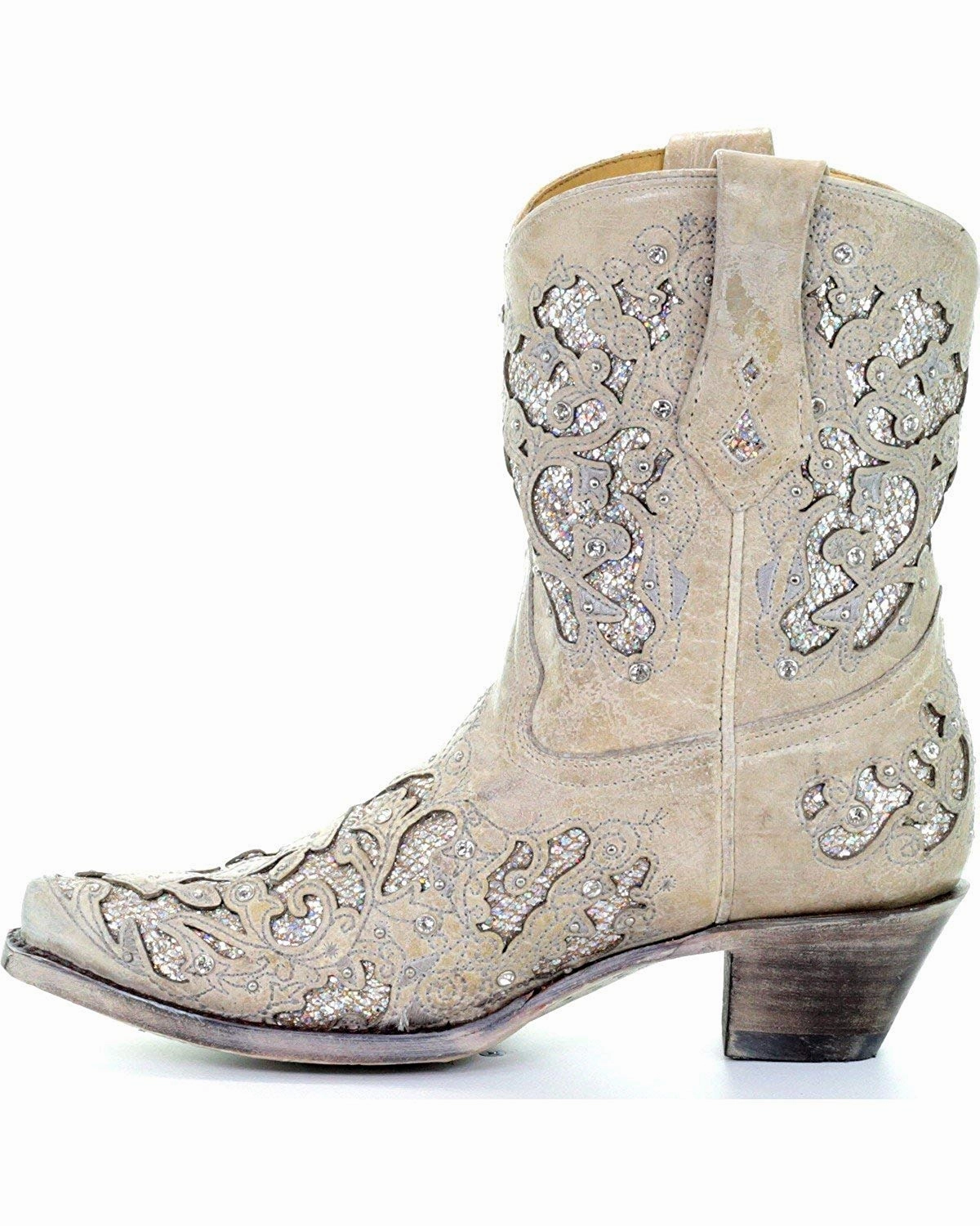 Cozy Pair Chic Finish Corral Ladies White Glitter Inlay and Crystals Ankle Boot Style A3550