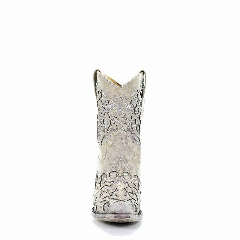 Corral Ladies White Glitter Inlay and Crystals Ankle Boot Style A3550 Comfy Design Workday Look