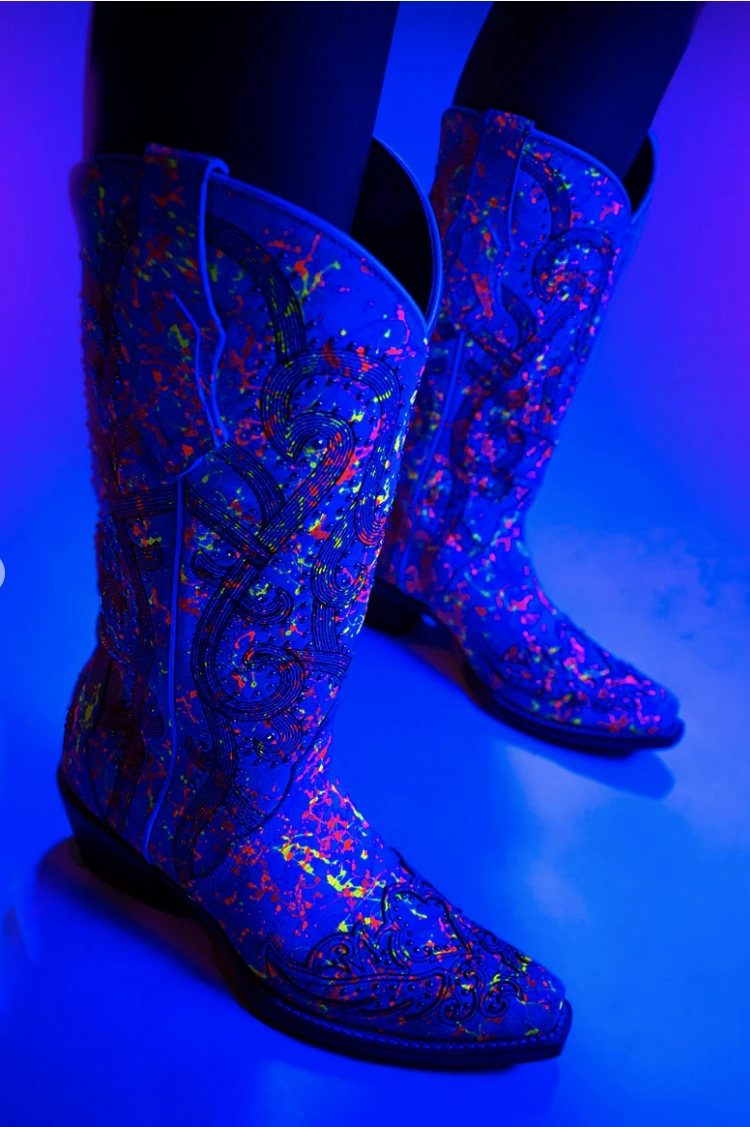 CORRAL LADIES MULTI COLOR CRYSTAL GLOW IN THE DARK SNIP TOE BOOTS STYLE C3980 Slip-On Style Protective Wear