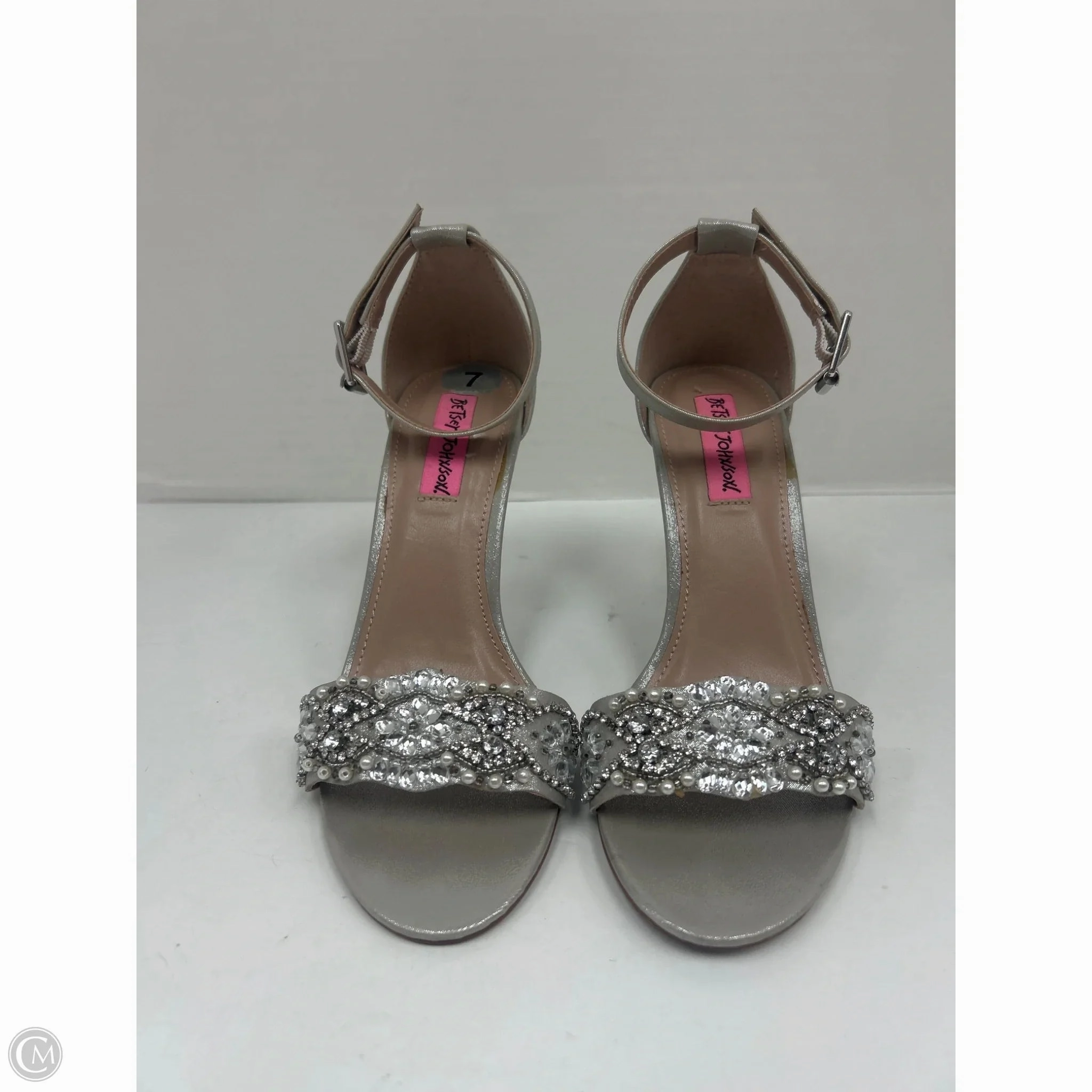 Shoes Heels Stiletto By Betsey Johnson In Silver, Size: 7 Open Toe Sandals